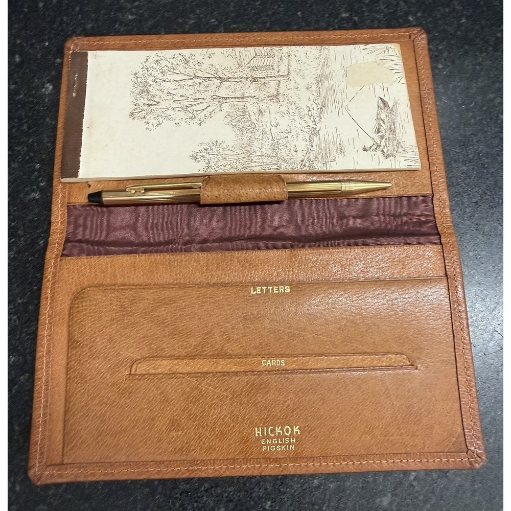 Hickok English Pigskin Leather Letter & Card Wallet Organizer w/ Perline USA Pen